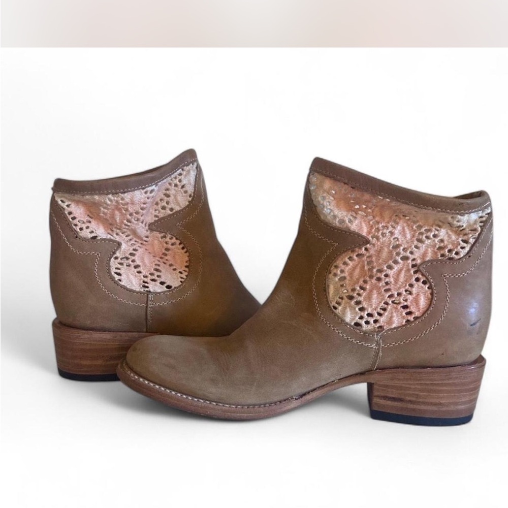 Freebird Tan Ankle Boots with Pink Lace Accents
